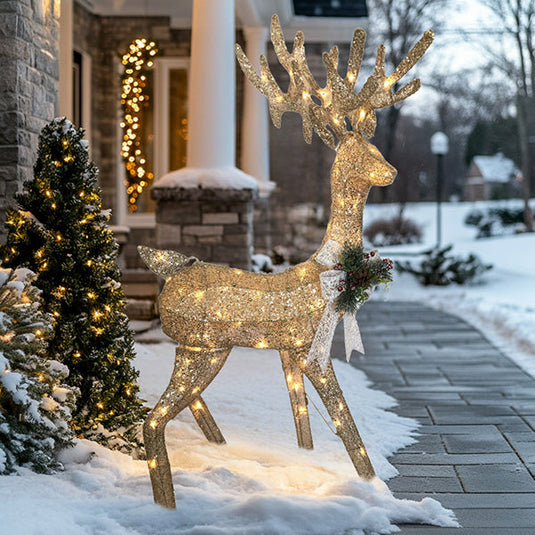 Pre-lit 47 Inch Champagne Outdoor Standing Reindeer with Bow General SD