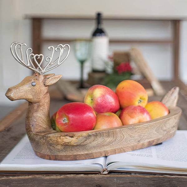 Mango Wood Reindeer Bowl with Metal Antlers General KAL