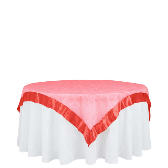 60"x60" Red Embroidered Sheer Organza Square Table Overlay With Satin Edge Overlays HIER_2190