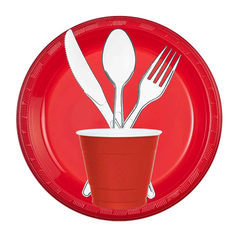 Load image into Gallery viewer, Red Round Plastic Plate 7&quot; Disposable Plates Party Dimensions
