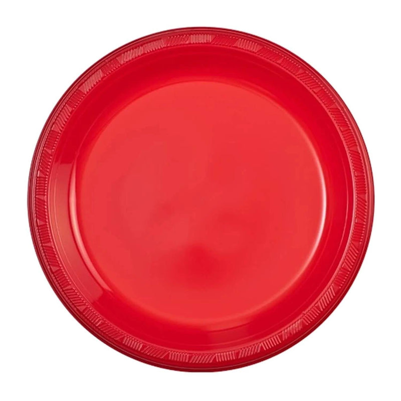 Load image into Gallery viewer, Red Round Plastic Plate 9&quot; Disposable Plates Party Dimensions
