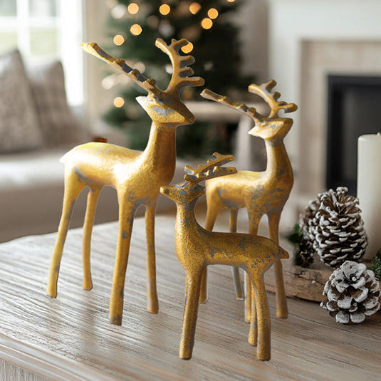 Weathered Golden Merry Reindeer Figurines, Set of Three General CT