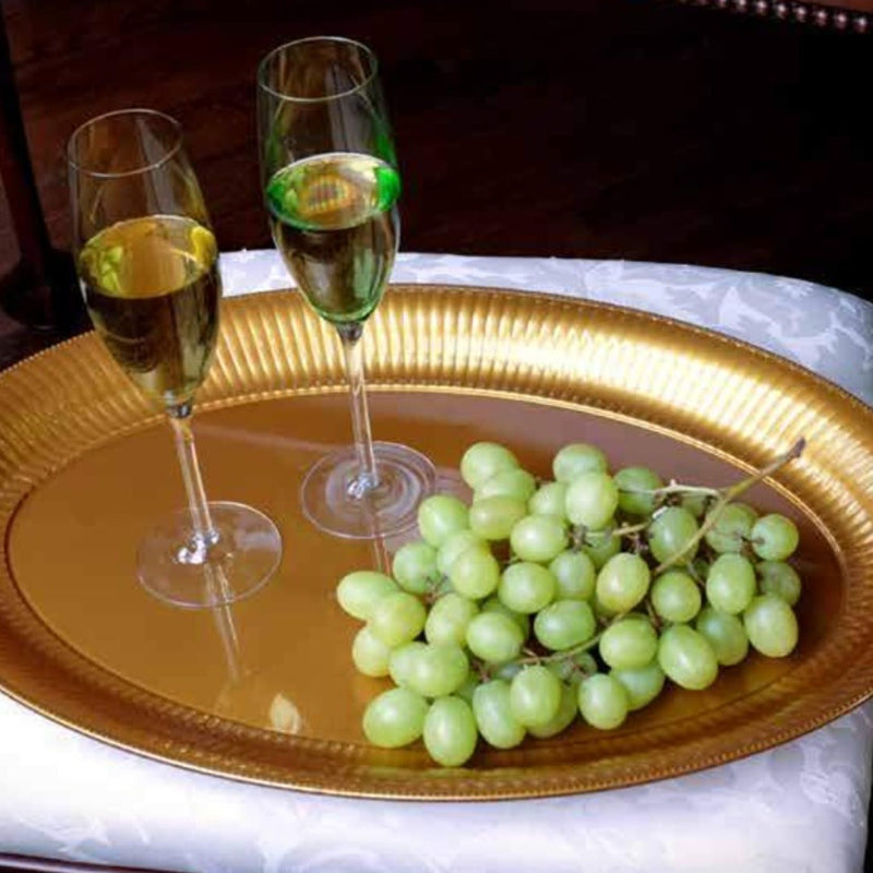 Load image into Gallery viewer, Gold Oval Heavy Weight Plastic Tray14&quot; X 21&#39;&#39; Serverware Party Dimensions
