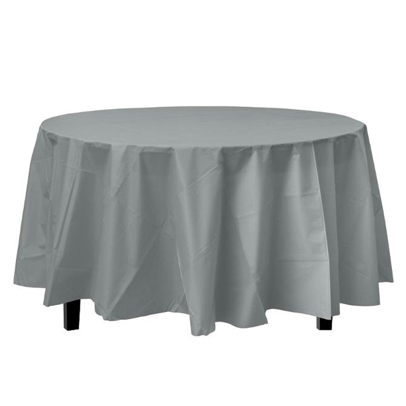 Load image into Gallery viewer, *WHOLESALE* TableCloth Plastic Disposable Round Silver 84&#39;&#39;:36CT Table Cover Party Dimensions
