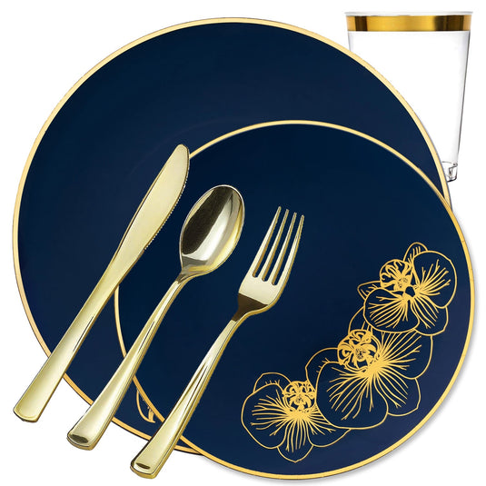 Orchid Collection Dinner Plate Royal Blue & Gold Tableware Package Disposable Plates Decorline