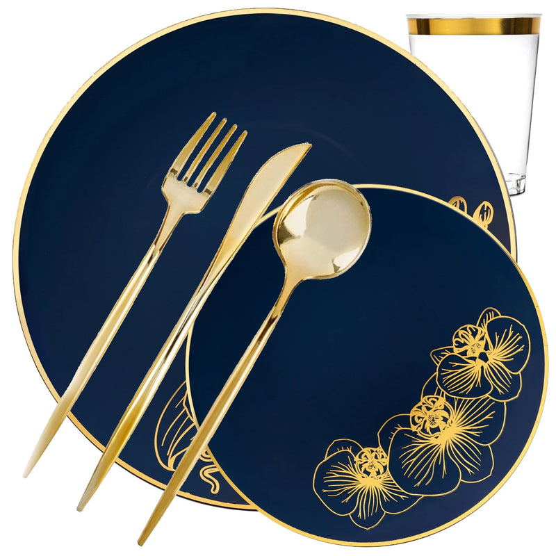 Load image into Gallery viewer, COMBO Orchid Collection Dinner Plate Royal Blue &amp; Gold Tableware Package Set Disposable Plates Decorline
