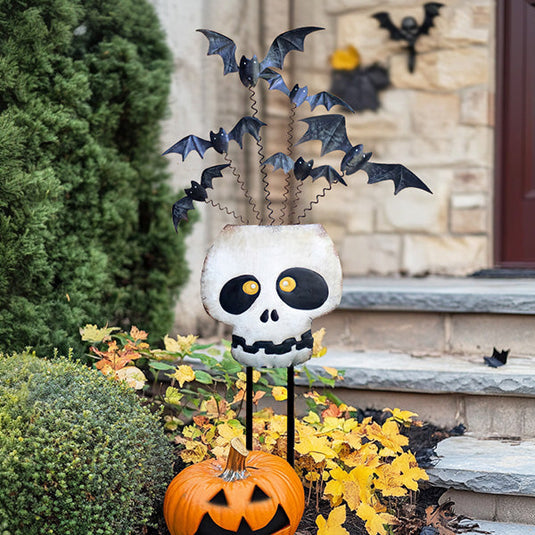 Painted Metal Halloween Skull with Bats Yard Art KAL