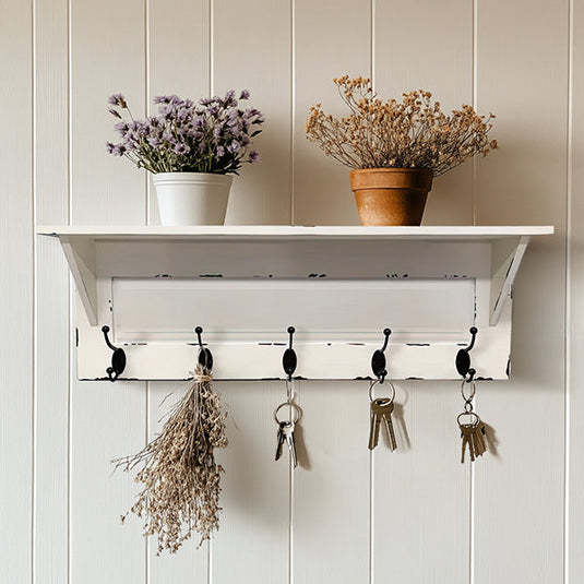 Distressed White Wooden Wall Shelf with Five Hooks Whats trending VIP