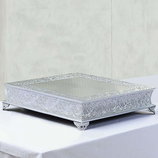 22" Square Silver Embossed Cake Pedestal, Metal Cake Stand Cake Riser Cake Stands HIER_7510