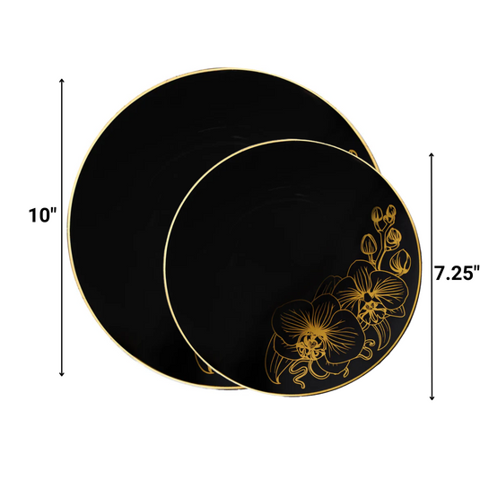 Orchid Collection Dinner Plate Black & Gold Tableware Package Set Disposable Plates Decorline