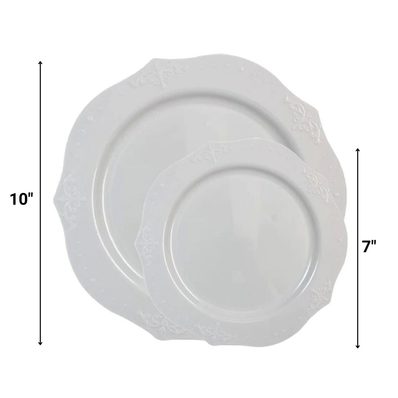 Load image into Gallery viewer, ANTIQUE COLLECTION ELEGANT WHITE PLASTIC TABLEWARE PACKAGE Disposable Plates Decorline
