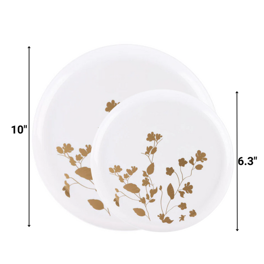 Garden Collection White and Gold Round Dinner Tableware Package Set Disposable Plates Decorline