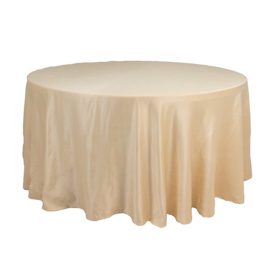 Lamour Satin 120" Round Tablecloth Beige - Seamless Table Cover with Soft Tempered Sheen Tablecloths HIER_2184