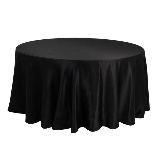 Lamour Satin 120" Round Tablecloth Black - Seamless Table Cover with Soft Tempered Sheen for Upscale Gatherings Tablecloths HIER_2184