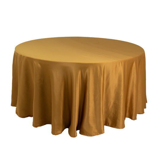 Lamour Satin 120" Round Tablecloth Gold - Seamless Table Cover with Soft Tempered Sheen for Upscale Gatherings Tablecloths HIER_2184