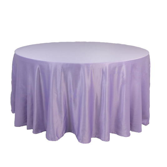 Lamour Satin 120" Round Tablecloth Lavender Lilac - Seamless Table Cover with Soft Tempered Sheen Tablecloths HIER_2184