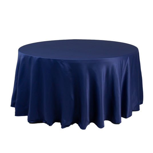 Lamour Satin 120" Round Tablecloth Navy Blue - Seamless Table Cover with Soft Tempered Sheen Tablecloths HIER_2184