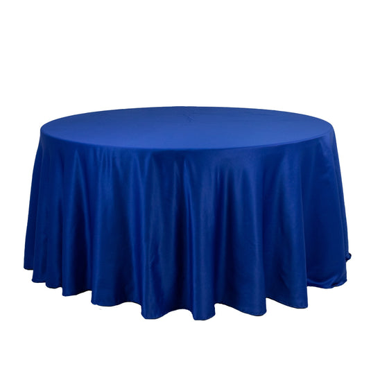 Lamour Satin 120" Round Tablecloth Royal Blue - Seamless Table Cover with Soft Tempered Sheen Tablecloths HIER_2184