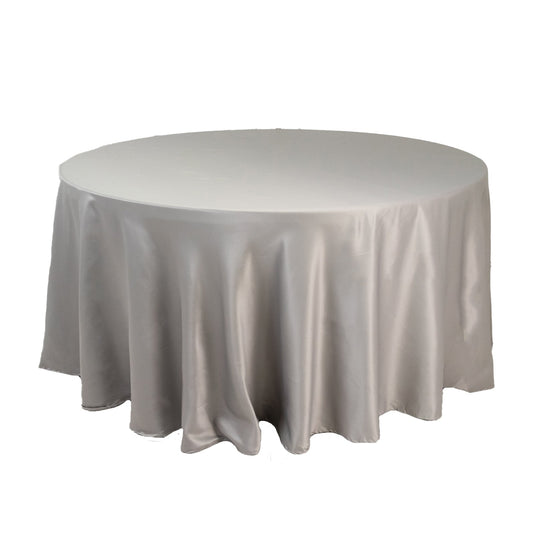 Lamour Satin 120" Round Tablecloth Silver - Seamless Table Cover with Soft Tempered Sheen Tablecloths HIER_2184