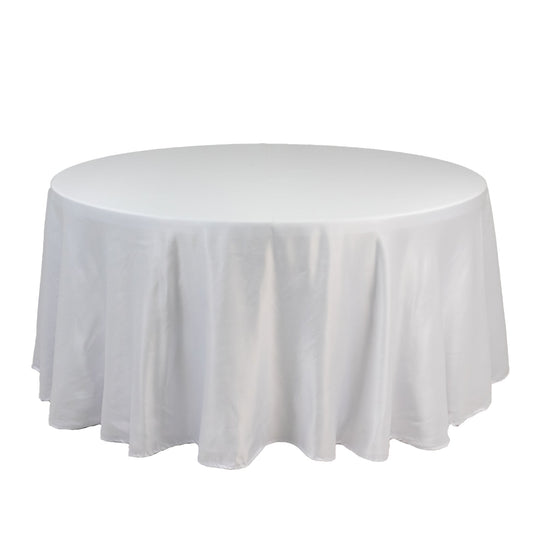 Lamour Satin 120" Round Tablecloth White - Seamless Table Cover with Soft Tempered Sheen for Upscale Gatherings Tablecloths HIER_2184