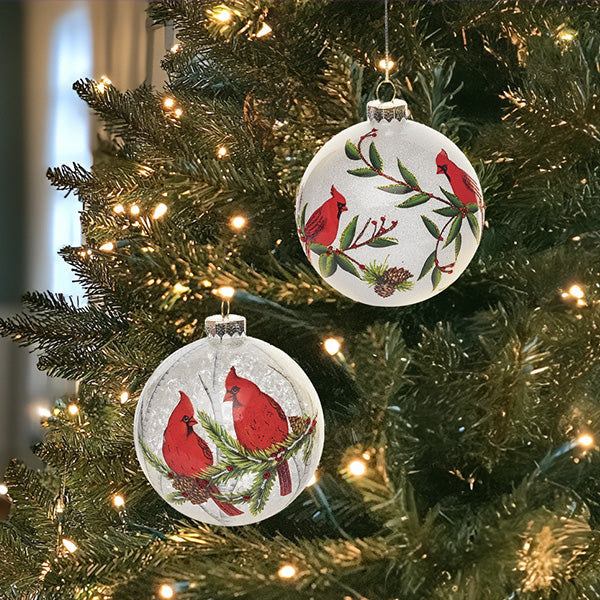 Glass Painted Snow Cardinal Ornaments, Set of 2 Gift TP