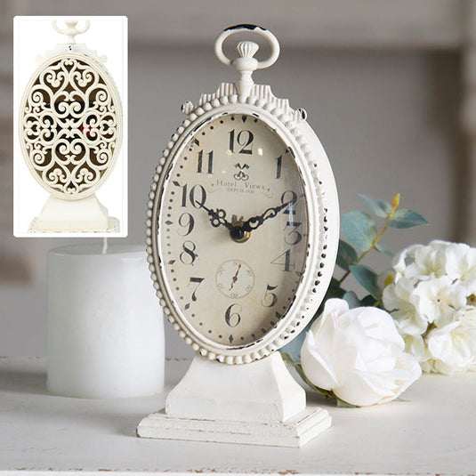 Distressed White Table Clock with Ornate Back Whats trending VIP