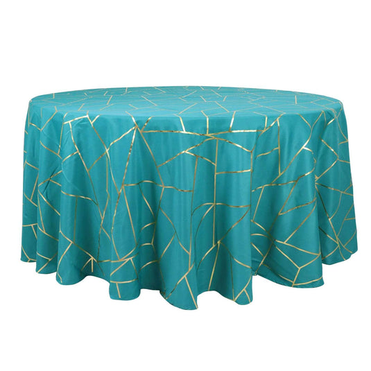 120" Teal Seamless Round Polyester Tablecloth With Gold Foil Geometric Pattern for 5 Foot Table With Floor-Length Drop Tablecloths HIER_2112