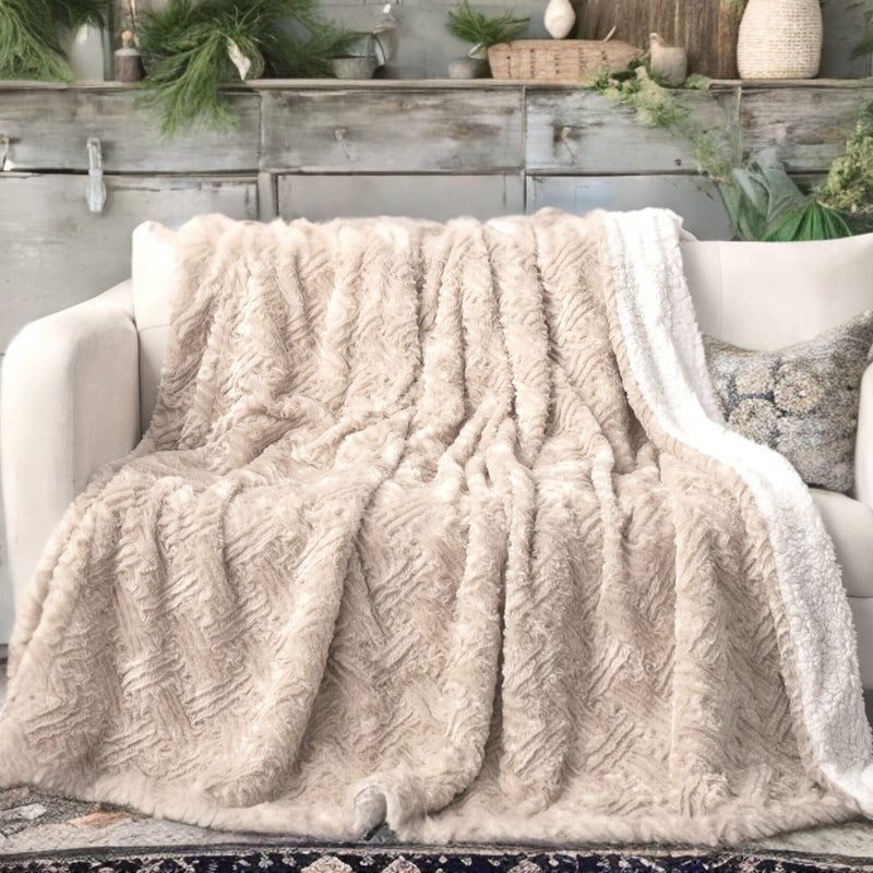 Load image into Gallery viewer, Champagne Ivory Faux Fur Throw Blanket - Dreamy Gold Geometric Embossed Sherpa Backside - Super Soft Warm Cozy Plush Fluffy Collective DaDalogy Bedding Collection
