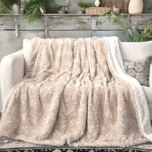 Champagne Ivory Faux Fur Throw Blanket - Dreamy Gold Geometric Embossed Sherpa Backside - Super Soft Warm Cozy Plush Fluffy Collective DaDalogy Bedding Collection