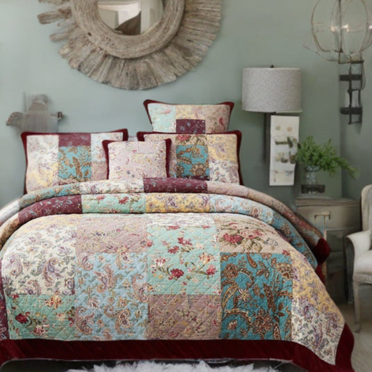 Bedding Bohemian Burgundy Red Velvet Trim Floral Paisley Patchwork Cotton Bedspread Set Collection DaDalogy Bedding Collection