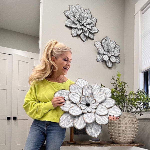 Rustic White-Washed Metal Wall Flowers, Set of Three Whats trending KAL