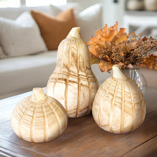 Natural Carved Wood Pumpkins, Set of Three General KAL