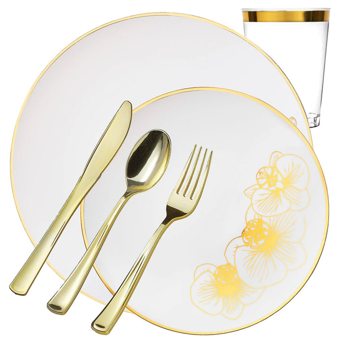 Orchid Collection Dinner Plate White & Gold Tableware Package Disposable Plates Decorline