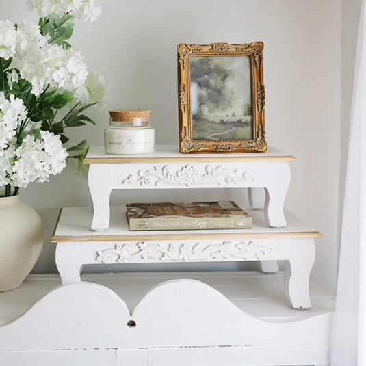 Antique Inspired Ornate White Wood Risers, Set of Two General ABH