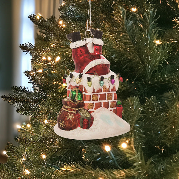 Glass Santa Stuck In Chimney Ornament Gift TP