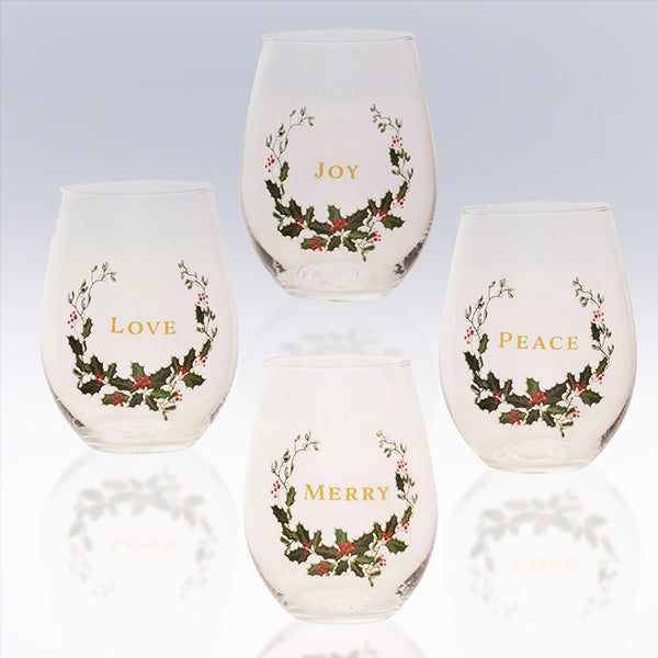 Holly Stemless Wine Glasses, Set of 4 Gift TP