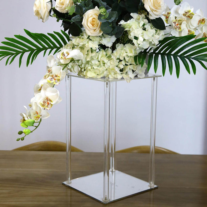 Acrylic Flower Vase Pillar Stand with Square Mirror Base Clear - Stylish Wedding Table Centerpiece 16