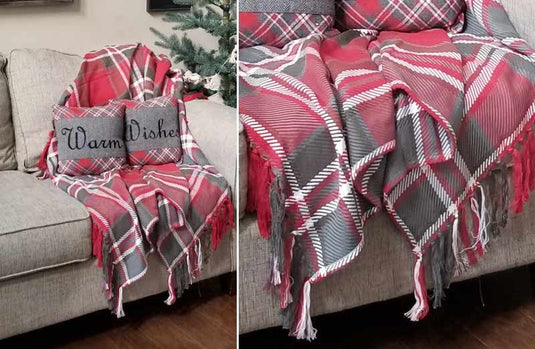 Red Plaid Woven Throw General VHC