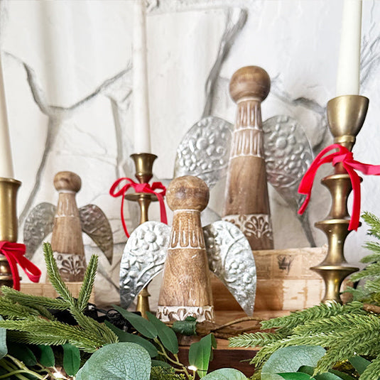 Christmas Tabletop Wood Angels with Pressed Tin Wings, Set of Three General KAL