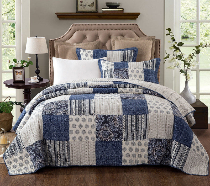 Load image into Gallery viewer, Bohemian Denim Blue Elegance Patchwork Cotton Bedspread Set Collective DaDalogy Bedding Collection
