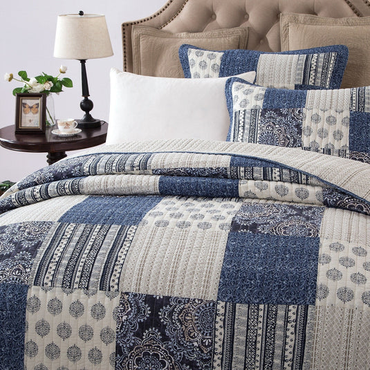 Bohemian Denim Blue Elegance Patchwork Cotton Bedspread Set Collective DaDalogy Bedding Collection