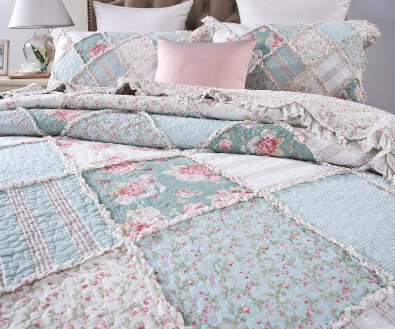 Load image into Gallery viewer, Hint of Mint Floral Pastel Cotton Patchwork Ruffle Bedspread Set Shop DaDalogy Bedding Collection
