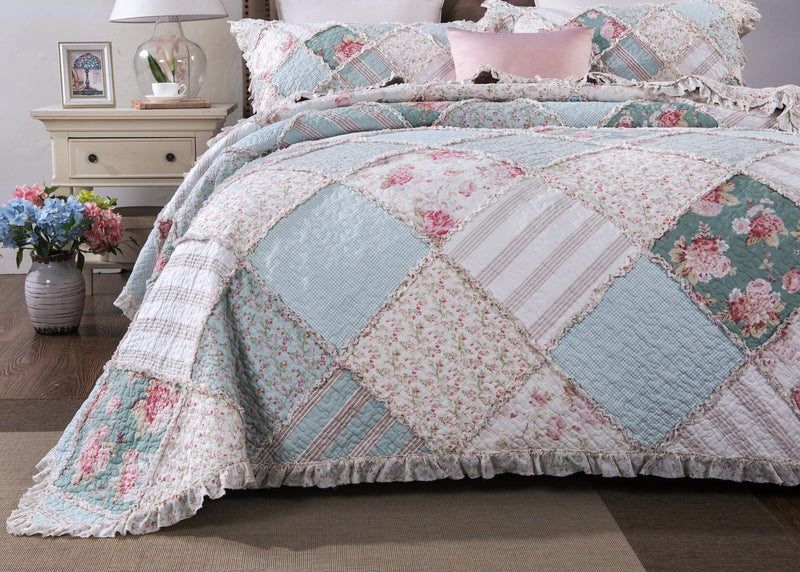 Load image into Gallery viewer, Hint of Mint Floral Pastel Cotton Patchwork Ruffle Bedspread Set Shop DaDalogy Bedding Collection
