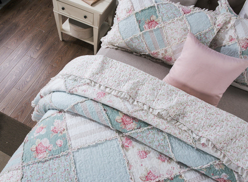 Load image into Gallery viewer, Hint of Mint Floral Pastel Cotton Patchwork Ruffle Bedspread Set Shop DaDalogy Bedding Collection
