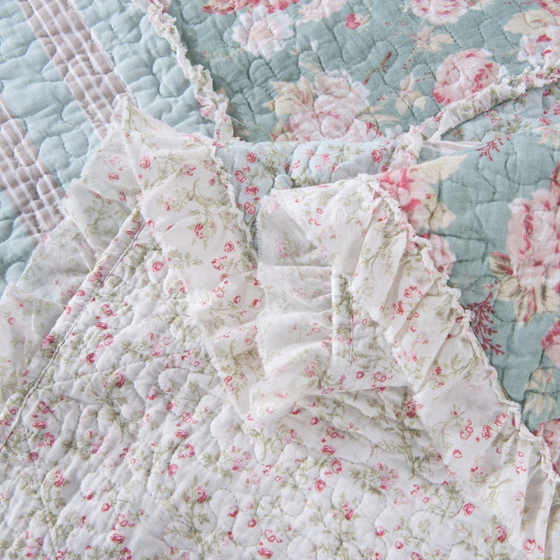 Load image into Gallery viewer, Hint of Mint Floral Pastel Cotton Patchwork Ruffle Bedspread Set Shop DaDalogy Bedding Collection
