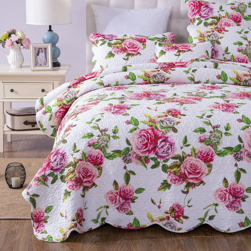 Load image into Gallery viewer, Romantic Roses Lovely Spring Pink Floral Quilted Scalloped Bedspread Set General DaDalogy Bedding Collection
