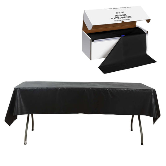 Plastic Table Cover Roll Black with Slide Cutter - Customizable Disposable Tablecloth Roll 54