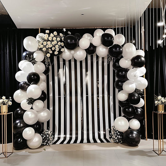 Black White Striped Satin Backdrop Curtain Drapery, Glossy Event Photography Background Room Divider Curtain Panel - 8ftx10ft Backdrops HIER_5370