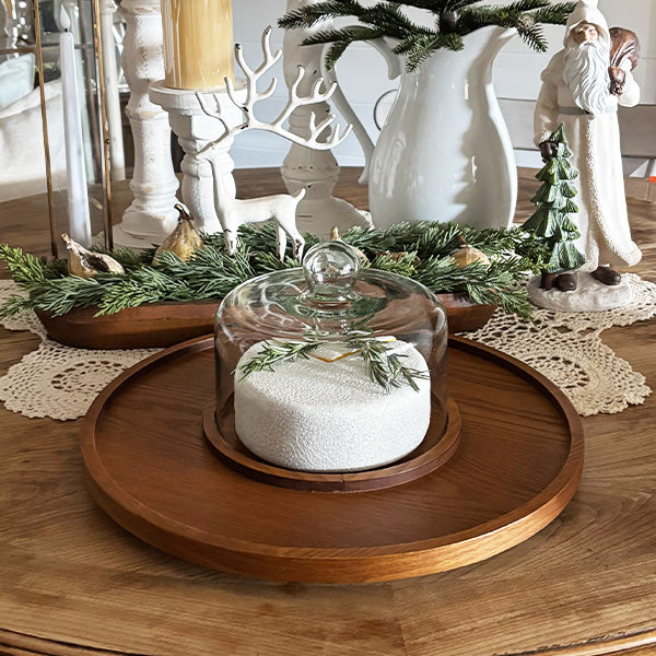 Tabletop Round Wood Serving Tray with Cloche General ABH