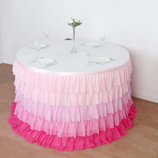 Chiffon 14ft Table Skirt Gradient Pink - Stylish 5-Tier Ombre Ruffled Tutu Table Cover with Satin Backing for Weddings & Celebrations Table Skirts PROstorez Default Title